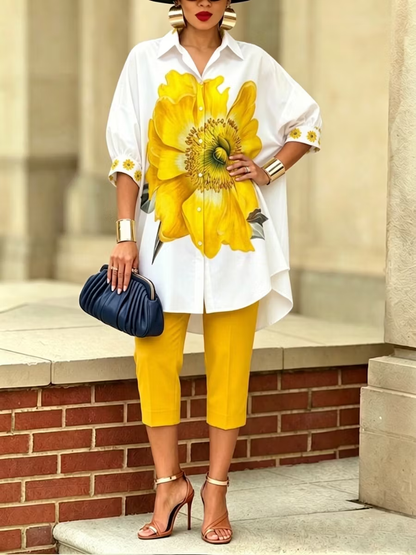 Half Sleeves Loose Buttoned Flower Print Lapel Blouses&Shirts Tops