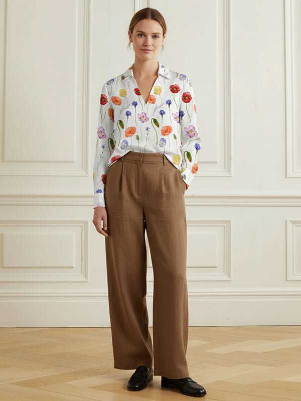 Long Sleeves Flower Print V-Neck Blouses&Shirts Tops