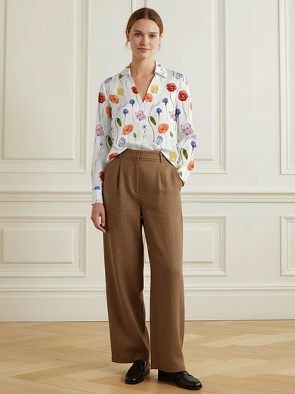 Long Sleeves Flower Print V-Neck Blouses&Shirts Tops