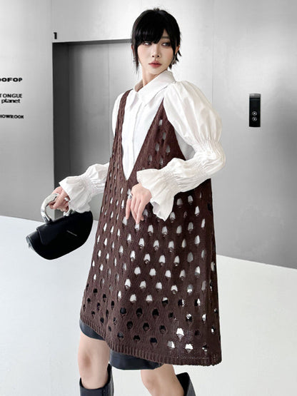 Loose Sleeveless Hollow Solid Color V-Neck Vest Top