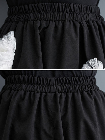 Loose Flower-Embellished Elastics Solid Color Skirts Bottoms