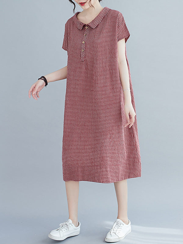 Robe mi-longue à carreaux ample et boutonnée, style rétro artistique 