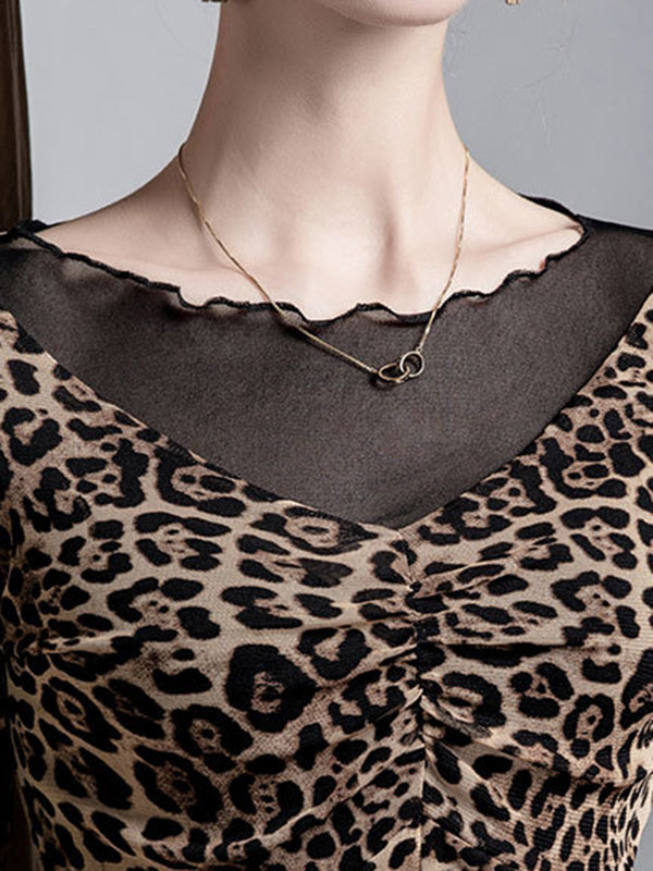 False Two Long Sleeves Leopard Pleated Split-Joint Boat Neck T-Shirts Tops