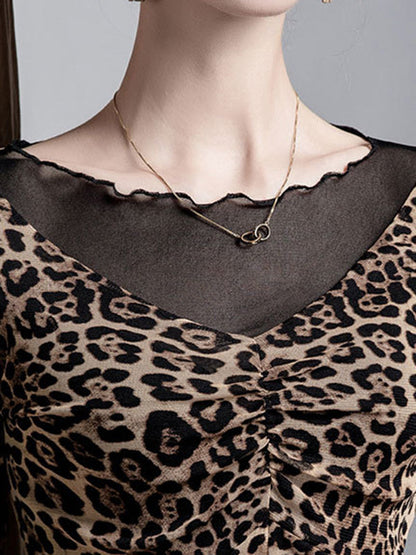 False Two Long Sleeves Leopard Pleated Split-Joint Boat Neck T-Shirts Tops