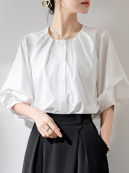 Half Sleeves Loose Buttoned Pleated Solid Color Round-Neck Blouses&Shirts Tops