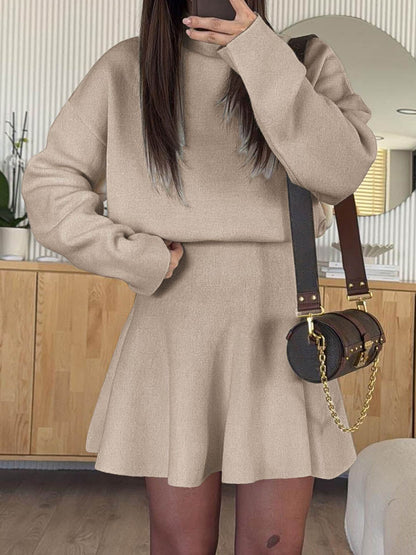 A-line High Waisted Elasticity Solid Color Round-neck Mini Dresses Sweater Dresses