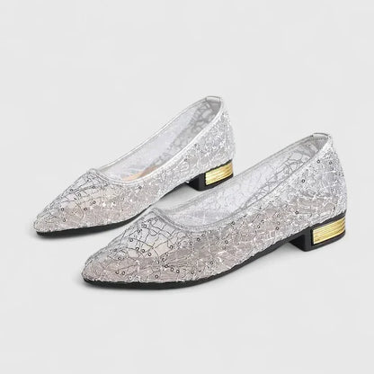 Stella | Women's Lace Pointed Toe Flats with Low Block Heel