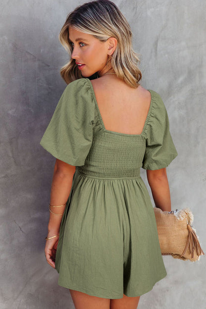 Jungle Green Square Neck Ruched Puff Sleeve Romper