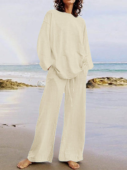 Loose Solid Color Long Sleeves Round-neck Shirts Top + Drawstring Pants Bottom Two Pieces Set