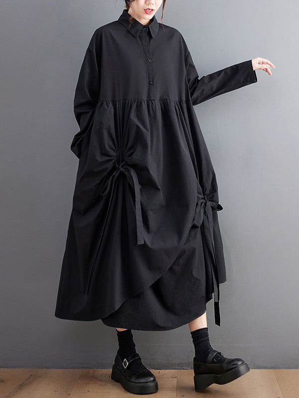 A-Line Long Sleeves Buttoned Pleated Pockets Solid Color Tied Lapel Midi Dresses Shirt Dress