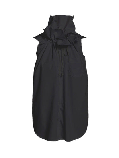 Loose Sleeveless Buttoned Drawstring Pleated Solid Color Stand Collar Vest Top