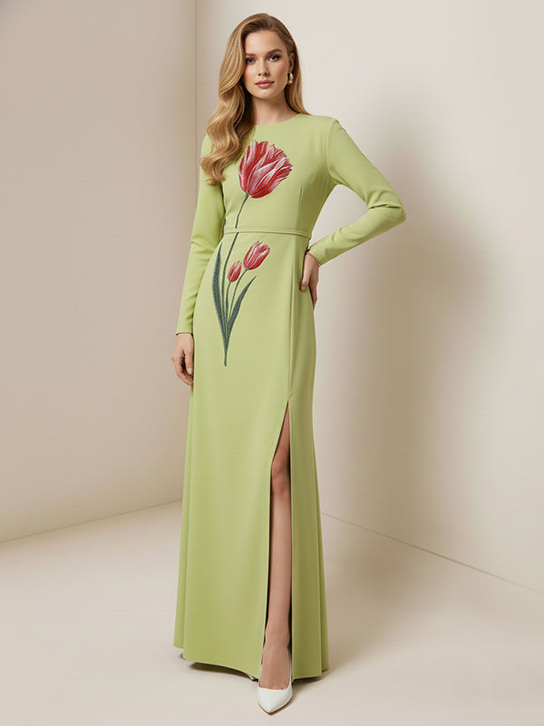 Long Sleeves Contrast Color Flower Print Split-Side Zipper Round-Neck Maxi Dresses