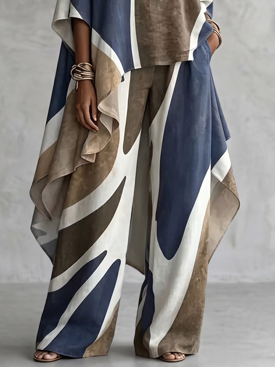 Printed Pockets Contrast Color Wide Leg Loose Trousers Pants