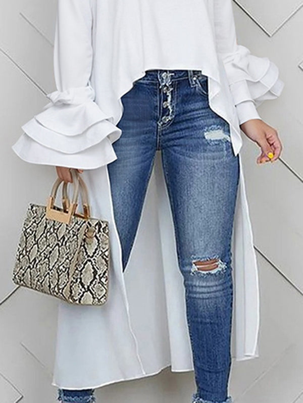 T-shirts à manches évasées, col rond, couleur unie, coupe asymétrique 