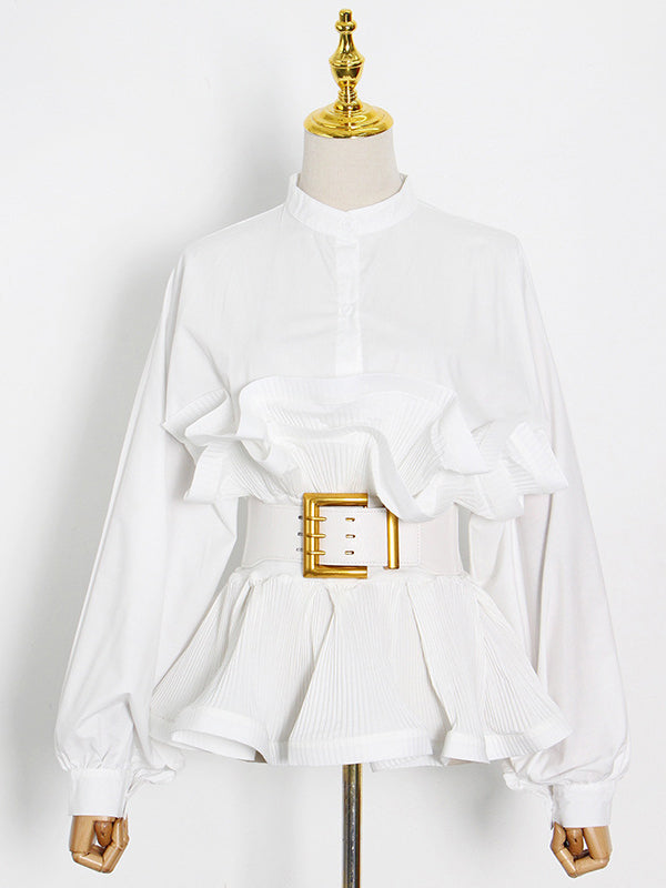 Stylish Loose Long Sleeves Buttoned Falbala Belted Solid Color Stand Collar Blouses&Shirts Tops