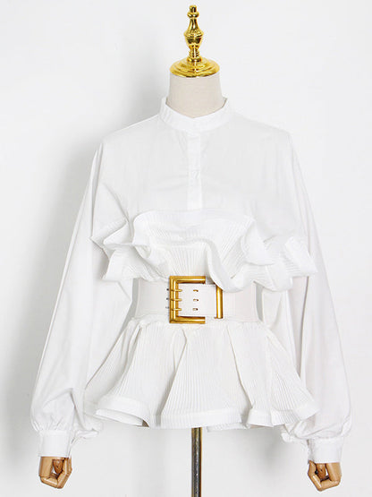 Stylish Loose Long Sleeves Buttoned Falbala Belted Solid Color Stand Collar Blouses&Shirts Tops