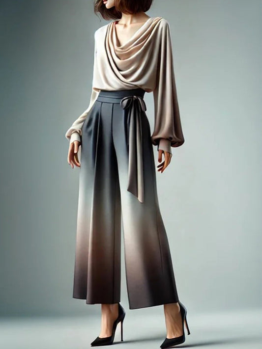 Loose Wide Leg Gradient Tied Waist Casual Pants Bottoms Trousers