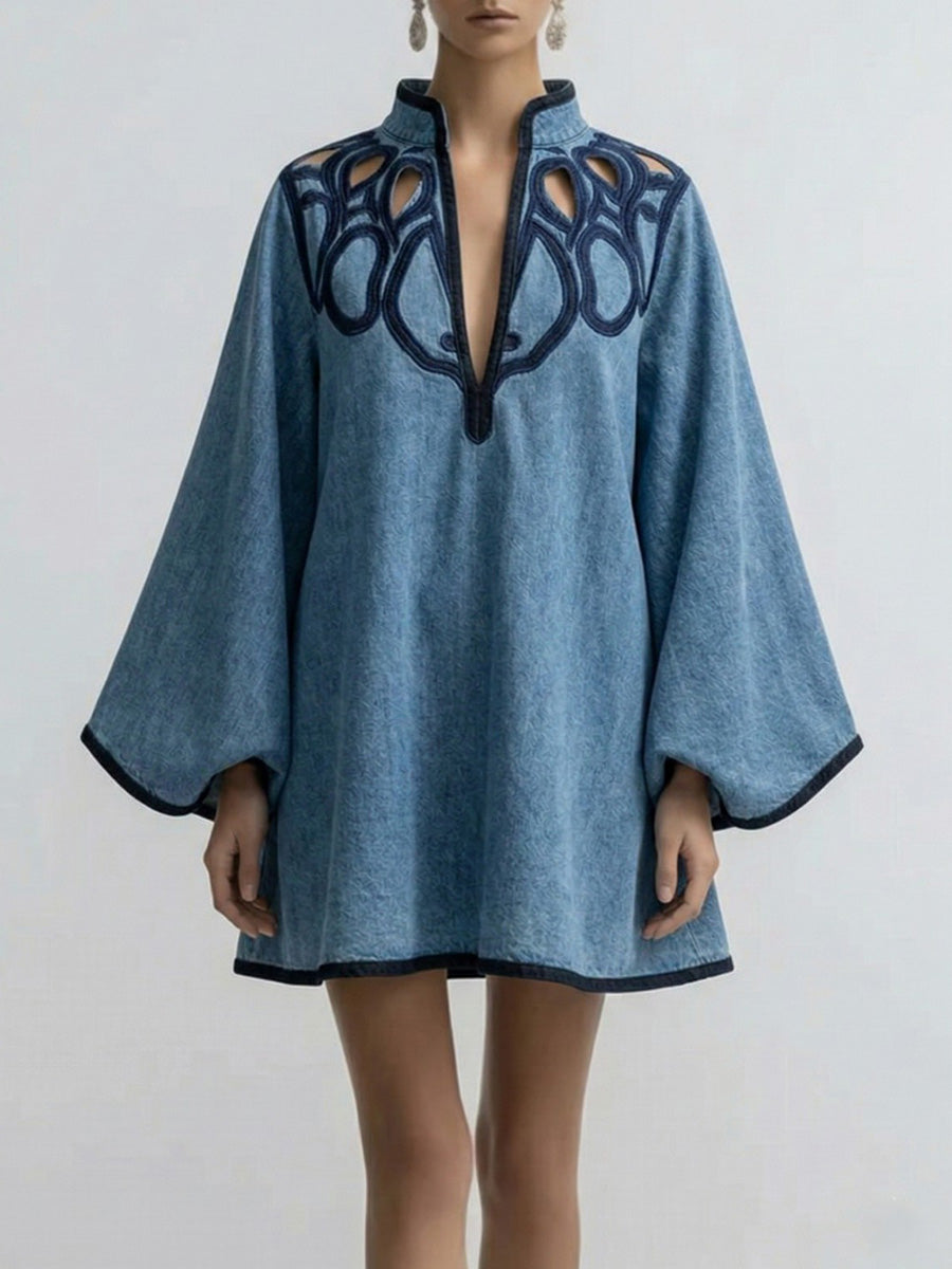 A-Line Long Sleeves Contrast Color Hollow Split-Joint Stand Collar Mini Dresses