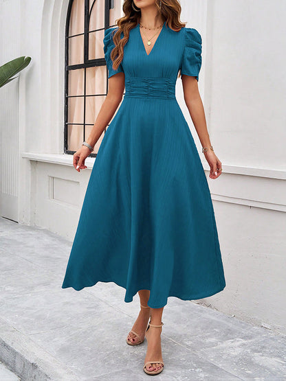 A-Line High Waisted Pleated Solid Color Zipper V-Neck Maxi Dresses