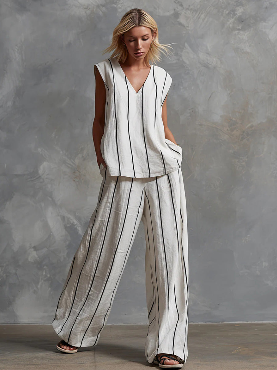 Loose Sleeveless Contrast Color Striped V-Neck Blouses&Shirts Tops