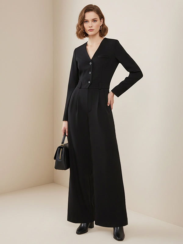 Long Sleeves Comfort Fit Solid Color V-Neck Jumpsuits