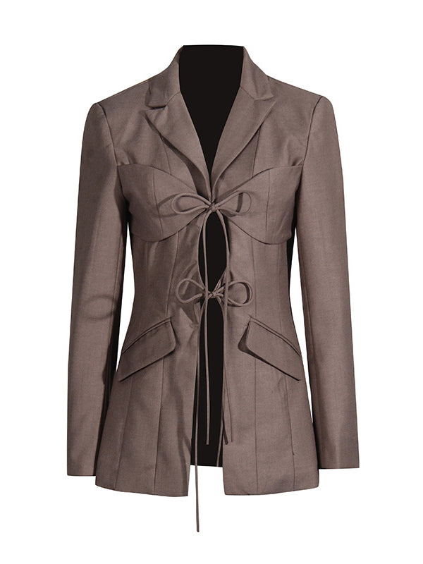 Long Sleeves Loose Pockets Solid Color Tied Notched Collar Blazer Outerwear