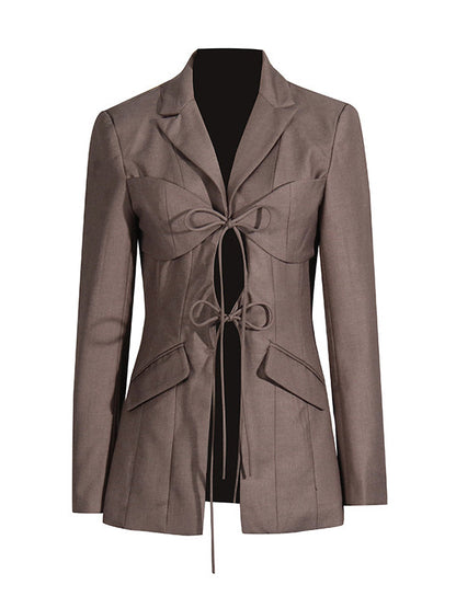 Long Sleeves Loose Pockets Solid Color Tied Notched Collar Blazer Outerwear