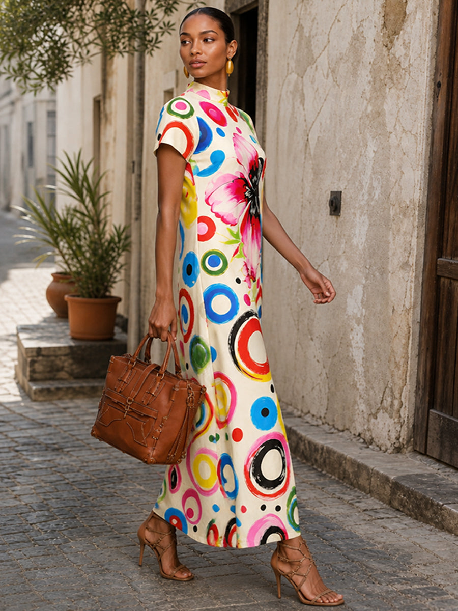 Zipper Polka-Dot Flower Print Contrast Color Short Sleeves Loose Mock Neck Maxi Dresses