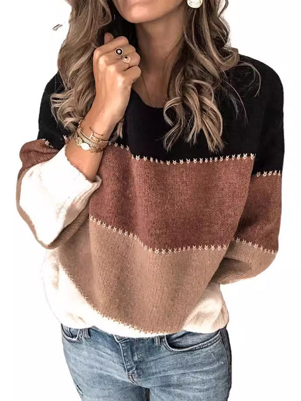 Long Sleeves Loose Contrast Color Split-Joint Striped Round-Neck Pullovers Sweater Tops BLACK