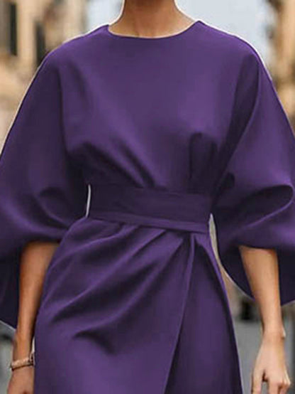 Loose Puff Sleeves Pleated Solid Color Split-Joint Round-Neck Midi Dresses