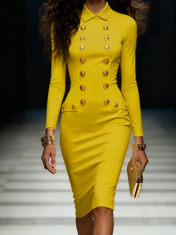 Bodycon High Waisted Pockets Solid Color Split-Joint Zipper Lapel Midi Dresses