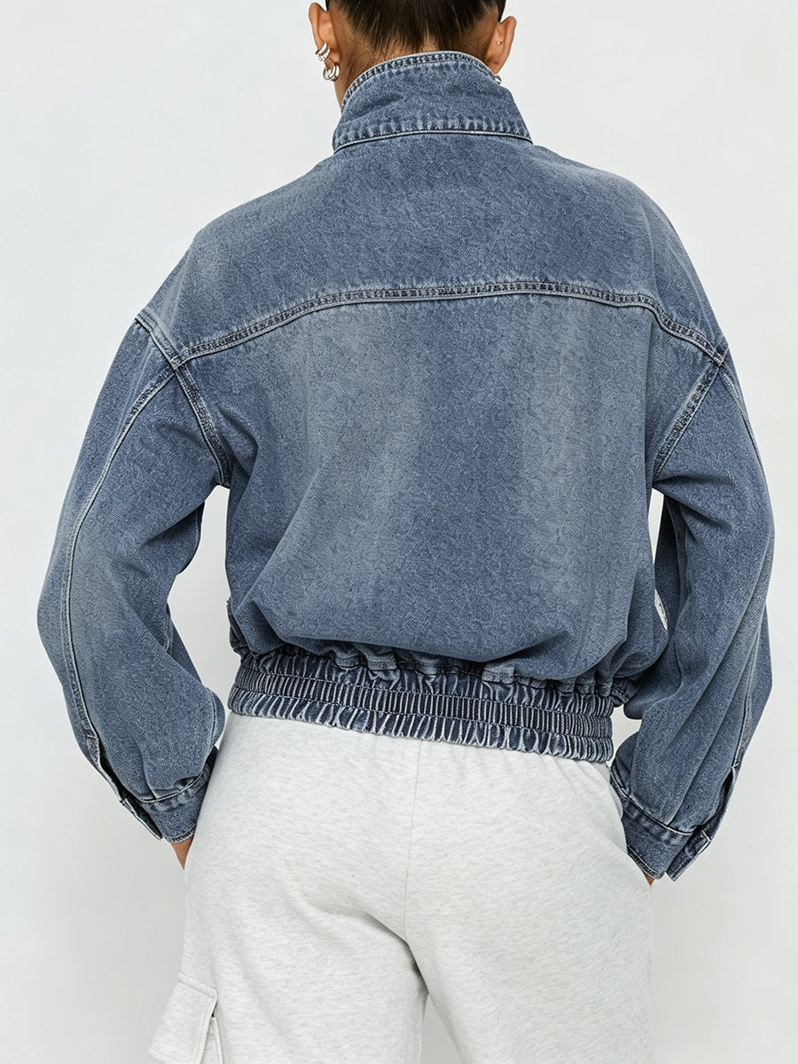 Zipper Elasticity Buttoned Loose Long Sleeves Stand Collar Outerwear Jackets