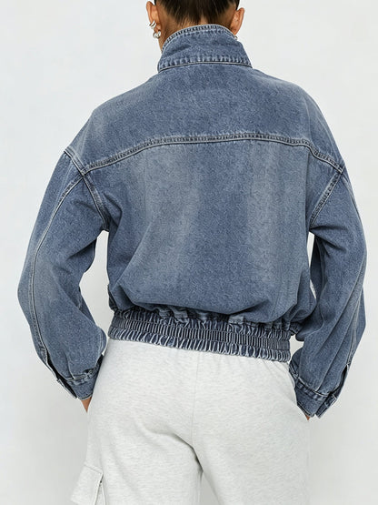 Zipper Elasticity Buttoned Loose Long Sleeves Stand Collar Outerwear Jackets