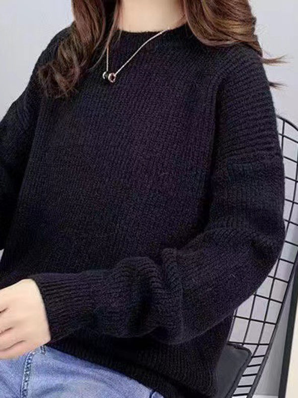 Long Sleeves Loose Solid Color Round-Neck Pullovers Sweater Tops
