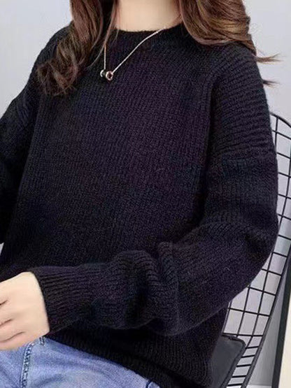 Long Sleeves Loose Solid Color Round-Neck Pullovers Sweater Tops