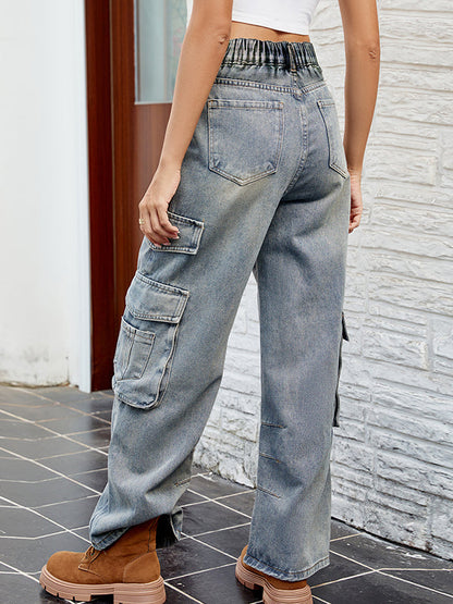 Loose Pleated Pockets Split-Joint Jean Pants Bottoms