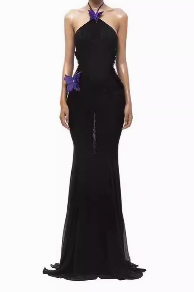 Butterfly Slip Halterneck Dress Black