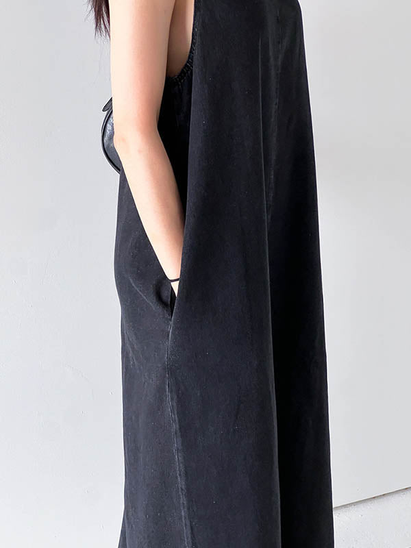 A-Line Loose Pockets Solid Color Tied Round-Neck Maxi Dresses