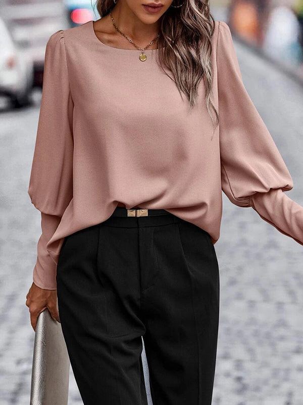 Long Sleeves Loose Buttoned Pleated Solid Color Round-Neck Blouses&Shirts Tops