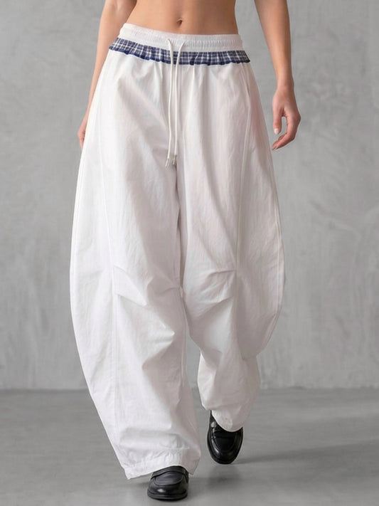 High Waisted Loose Contrast Color Drawstring Pockets Split-Joint Pants Trousers