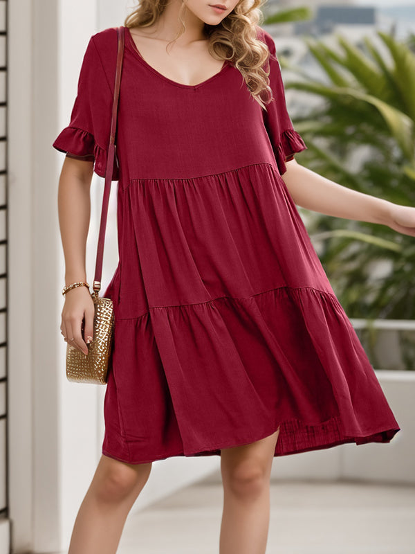 A-Line Flared Sleeves Pleated Pockets Ruffled Solid Color Split-Joint Round-Neck Mini Dresses