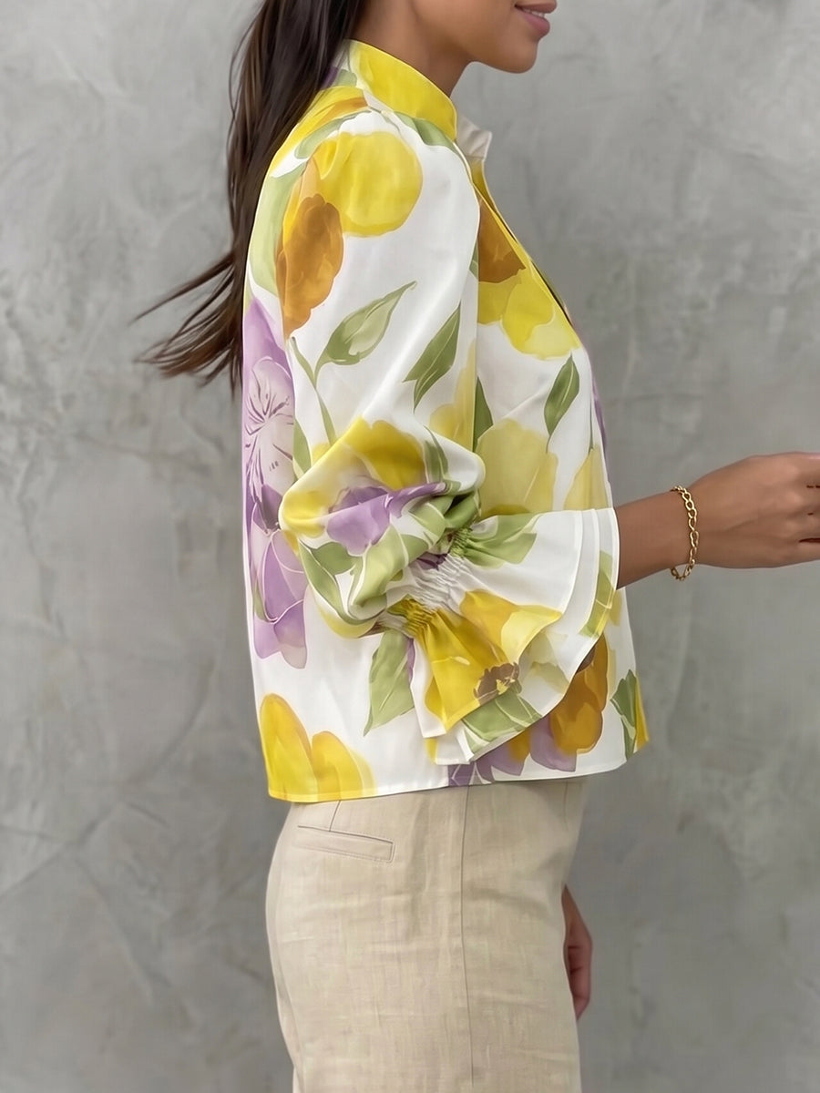 Flared Sleeves Long Sleeves Elasticity Flower Print V-Neck Blouses&Shirts Tops