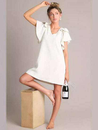 Flared Sleeves Loose Comfort Solid Color V-Neck Mini Dresses