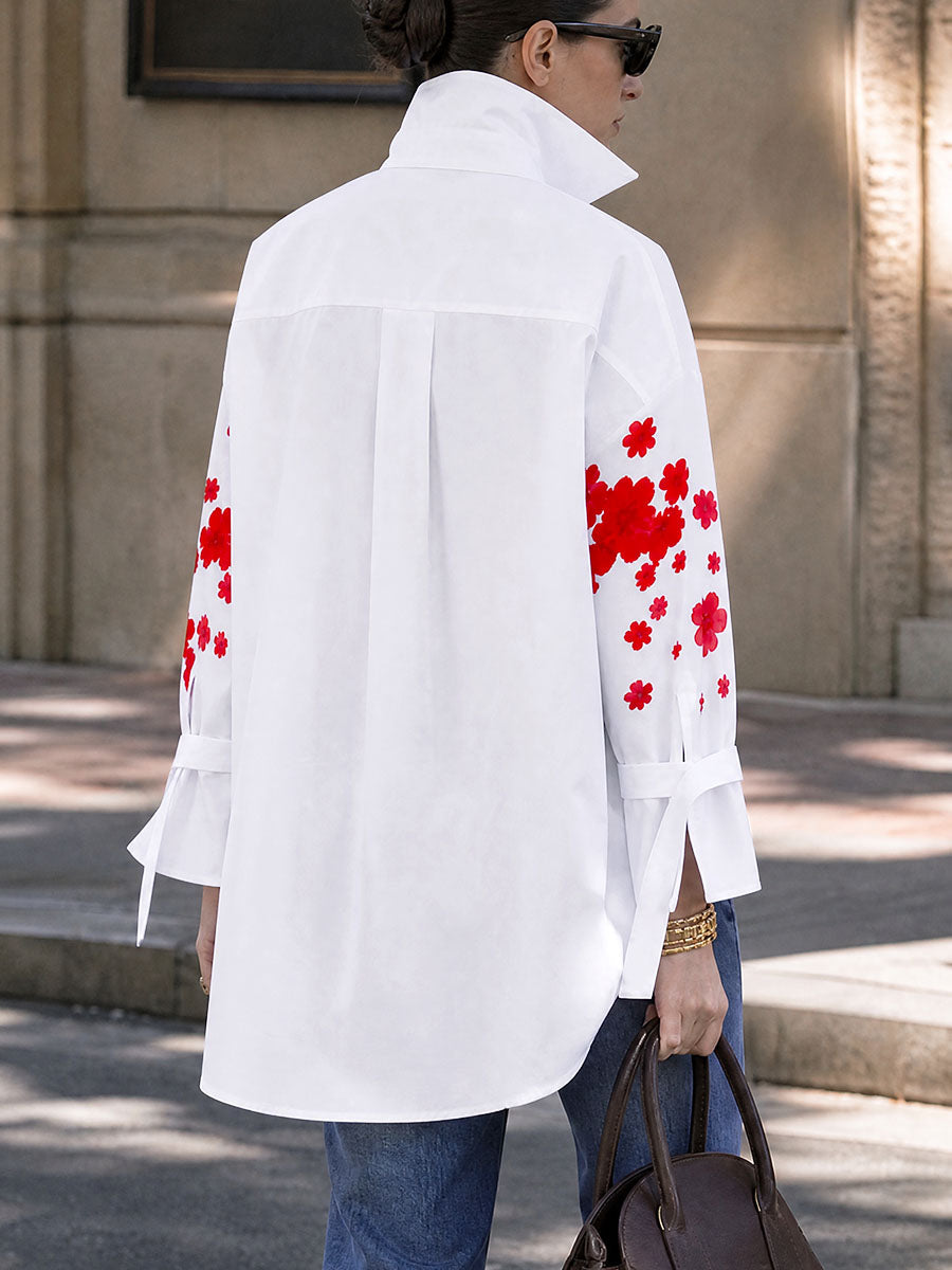 Tied Split-Joint Flower Print Buttoned Loose Long Sleeves V-neck Blouses&shirts Tops