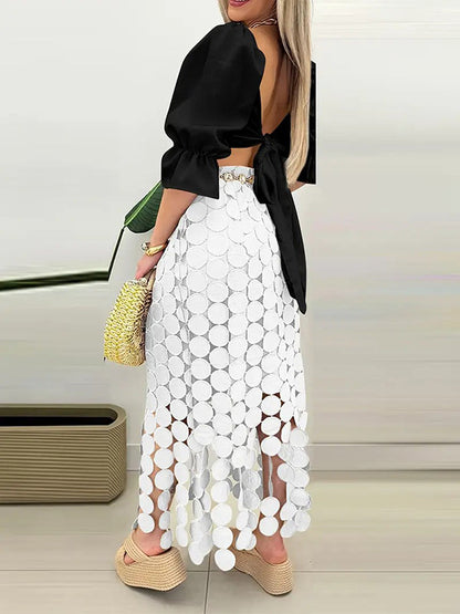 Jupe moulante taille haute à franges et fentes de couleur unie 