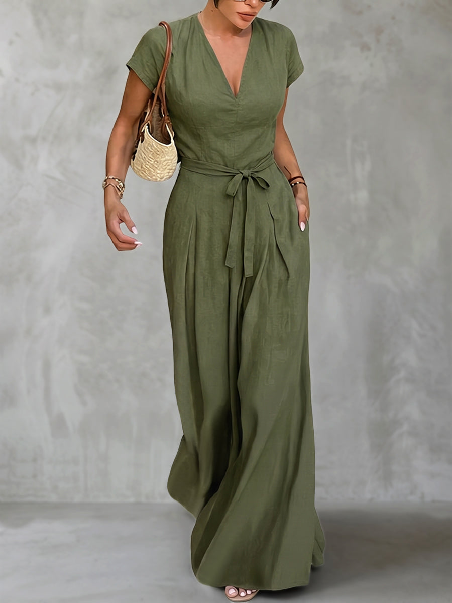 High Waisted Short Sleeves Pleated Pockets Solid Color Tied Waist V-Neck Jumpsuits