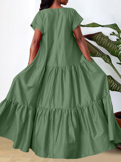 A-Line Loose Pleated Solid Color Split-Joint V-Neck Maxi Dresses