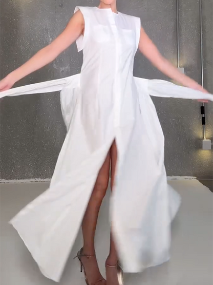 Cap Sleeve Loose Buttoned Solid Color Split-Side Tied Waist Maxi Dresses Shirt Dress