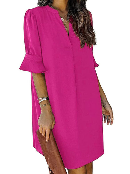 A-Line Flared Sleeves Pleated Ruffled Solid Color Split-Joint V-Neck Mini Dresses