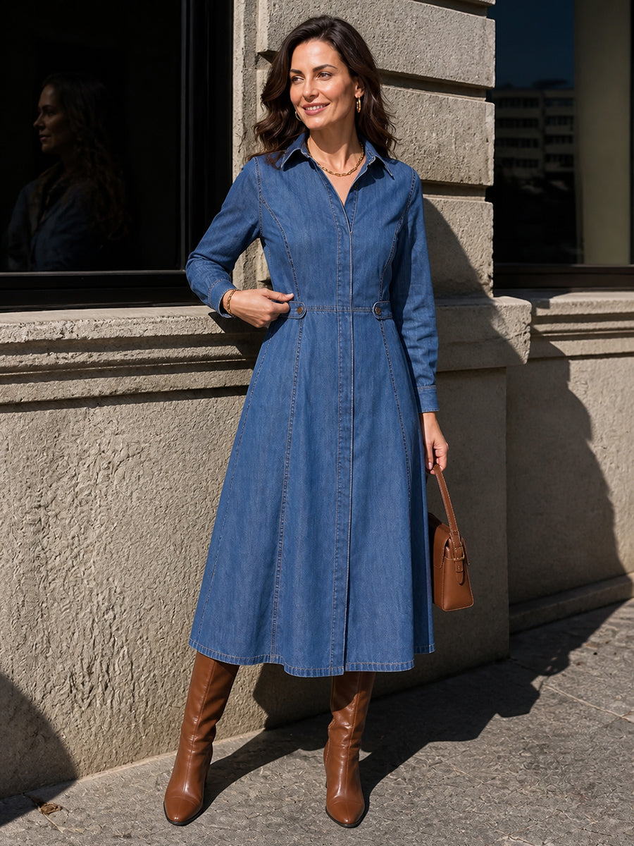 Split-Joint Solid Color Pockets Buttoned Long Sleeves High Waisted Lapel Midi Dresses